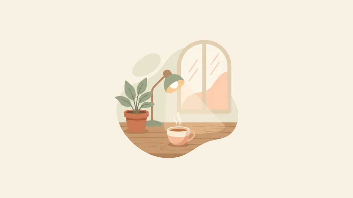 A cozy study nook illustration with a plant, a warm lamp, a cup of tea and a softly lit window