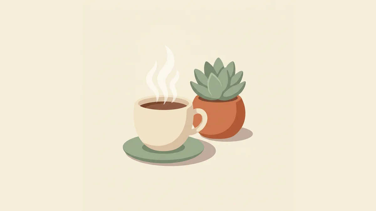 A steaming cup of tea beside a small potted plant