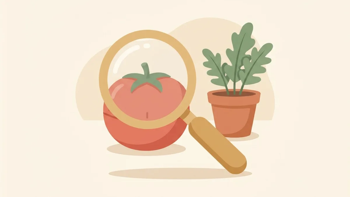 A magnifying glass held over a tomato-shaped timer beside a small potted plant