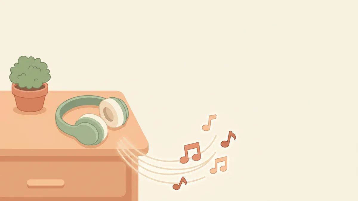 A plant in a pot beside soft headphones, with gentle music notes drifting from them