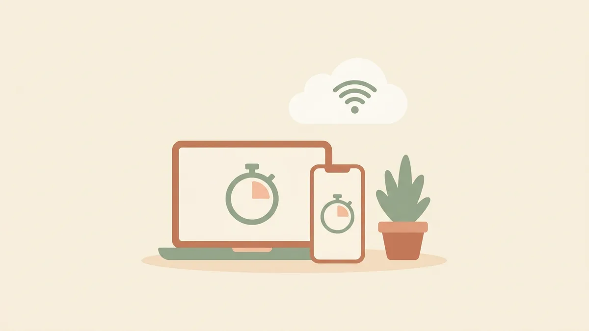 A laptop and phone showing a timer beside a plant, with a wifi cloud above
