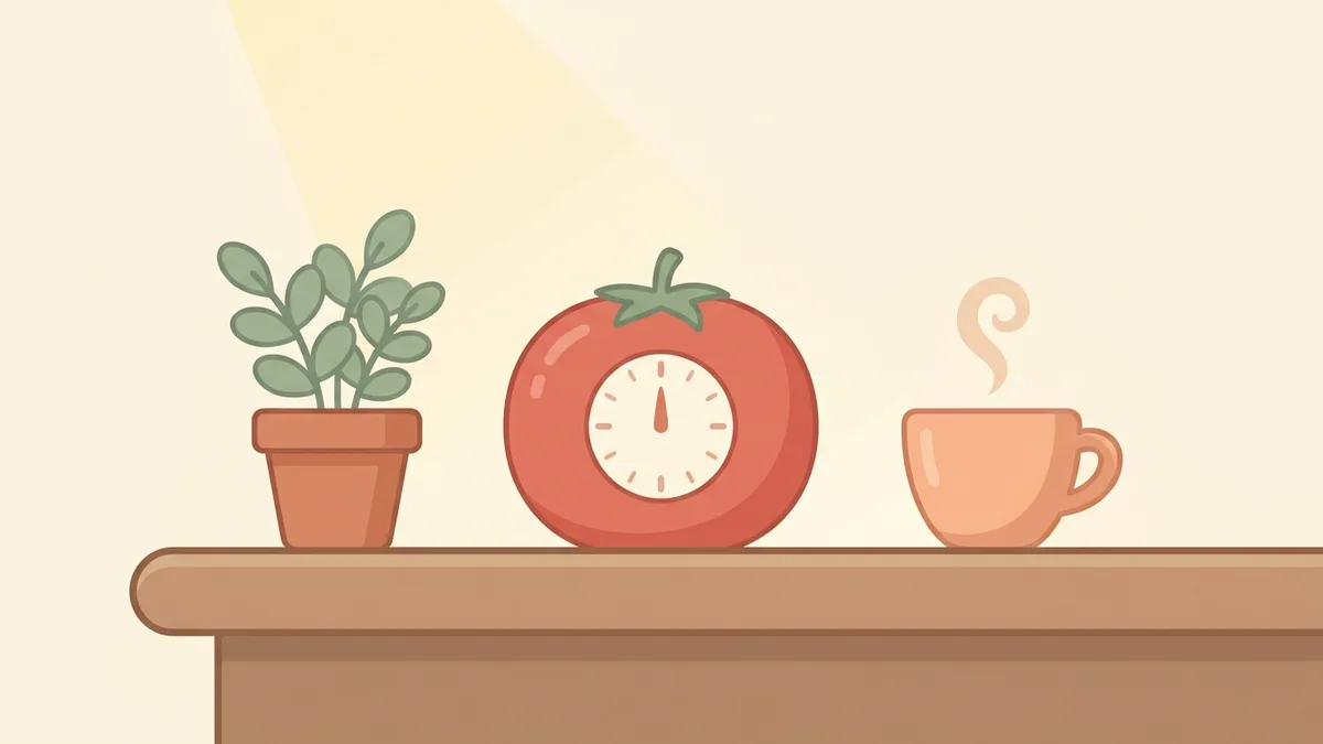 A tomato-shaped kitchen timer beside a potted plant and a steaming cup of tea on a desk