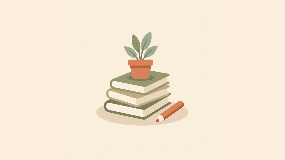 A small stack of books with a potted plant resting on top