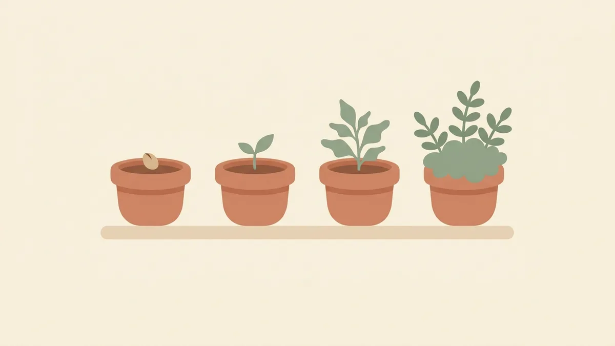 A row of pots showing a plant growing from a seed to a full plant, stage by stage